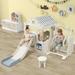 JAMPOOCA 6 in 1 Toddler Playground Climber Set Kids Slide and Swing Set with Basketball Hoop Game Table Toss Game Fairy House Off-White+Grey