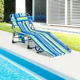 Amijoy Outdoor Beach Lounge Chair Folding Chaise Lounge with Pillow Blue & Green