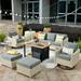 HOOOWOOO 7 Pieces Patio Rattan Wicker Furniture Set with Swivel Rocking Chair and Fire Pit Gray