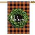 colorlife Boxwood Wreath Welcome House Flag 28x40 Inch Double Sided Outside Burlap Christmas Buffalo Plaid Farmhouse Yard Outdoor Decoration