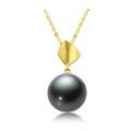 ONDIAN Clock Black Tahitian Pearl Pendant 18K Yellow Genuine Round 9-11MM Pearl Pendant with 18K Chain Necklace