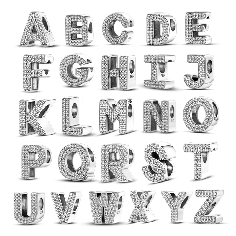 Breloques Alphabet éblouissant couleur argent S925, 26 lettres, adaptées aux Bracelets Pan originaux, pendentif, bricolage, fabrication de bijoux fins, cadeaux d'anniversaire