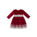 Nituyy Girls Casual Round Collar Dress Long Sleeve Lace Hem Short Skirt Dark Green/ Red