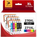 PGI-270XL CLI-271XL Ink Cartridge Compatible for Canon PGI-270XL CLI-271XL PGI 270 XL CLI 271 XL to use with MG6820 MG5720 MG7720 (3 Large Black 3 Small Black 3 Cyan 3 Magenta 3 Yellow) 15 Pack