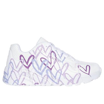 Skechers Girl's JGoldcrown: Uno Lite - Spread the Love Sneaker | Size 11.0 | White/Light Purple | Synthetic | Machine Washable