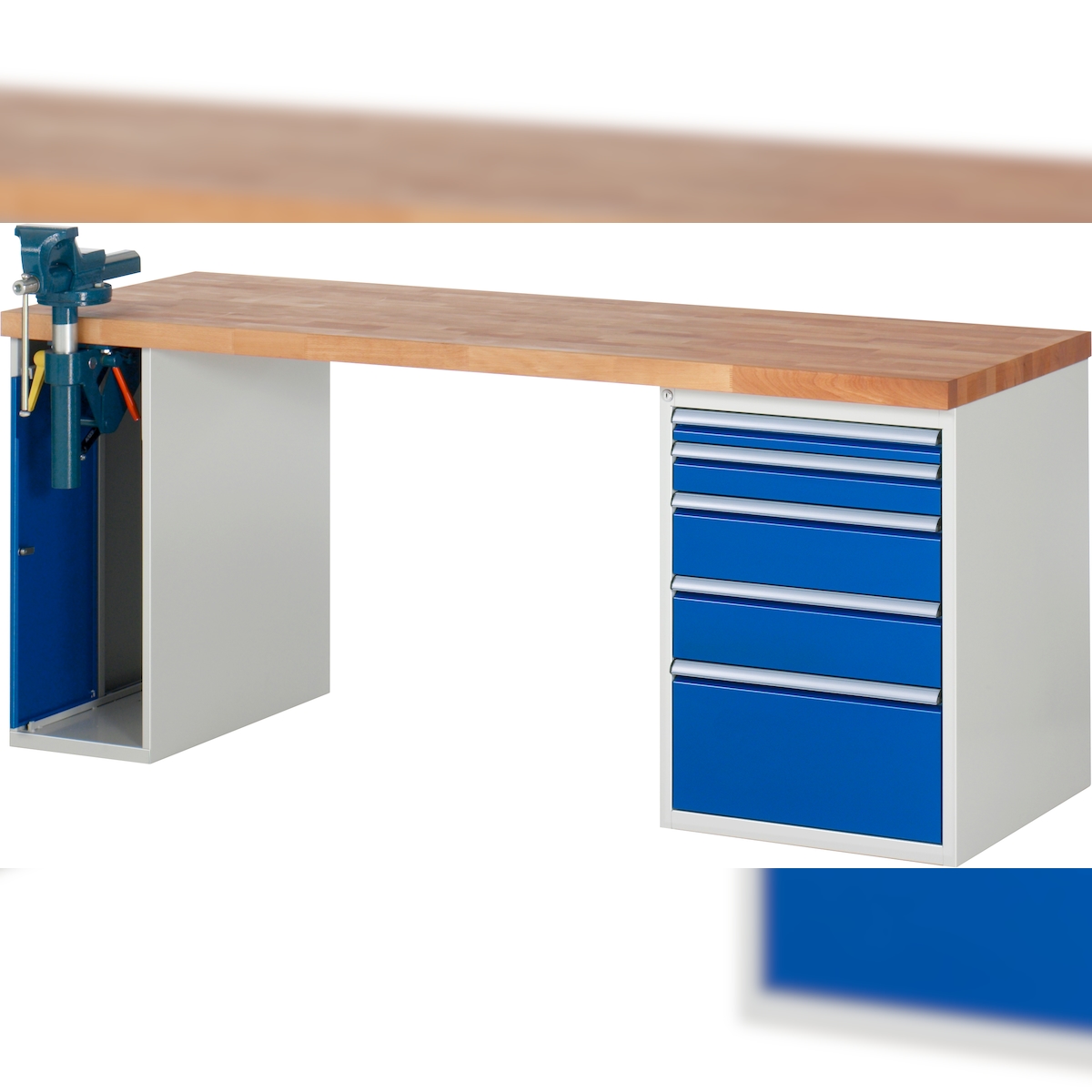 PROREGAL Werkbank Serie 7000 - Modell 7511 | HxBxT 84x200x70cm | 5x Schublade + 1x Schrank | Schubladenmaße 1x60 + 1x90 + 2x150 + 1x270mm Image