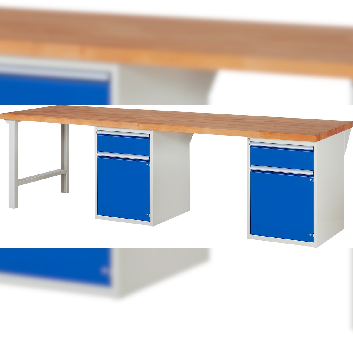 PROREGAL Werkbank Serie 7000 - Modell 7502 | HxBxT 89x300x90cm | 2x Schublade + 2x Flügeltür + 2x Fachboden | Schubladenmaße 2x180mm Image