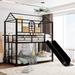 Twin Over Twin Metal Bunk Bed, Metal House Bed with Slide and Ladders, with Safety Guardrails