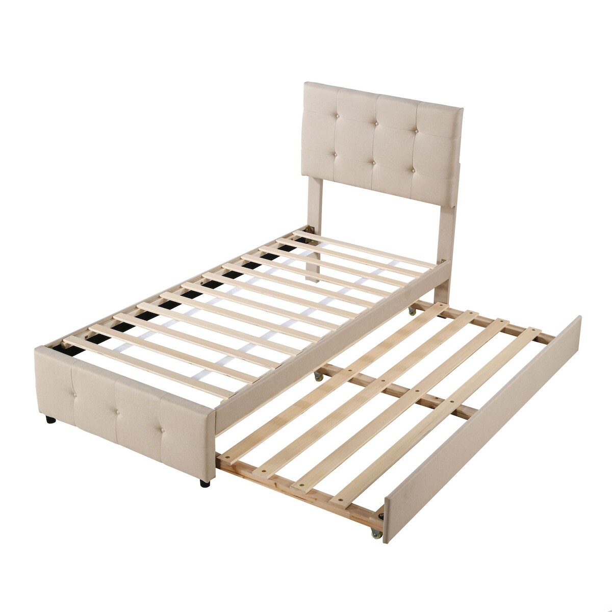 Merax Polsterbett 90 x 200 cm, verstellbares Kopfteil, hautfreundliche Leinenpolsterung, flaches Einzelbett Gästebett Beige (Ohne Matratze) Image