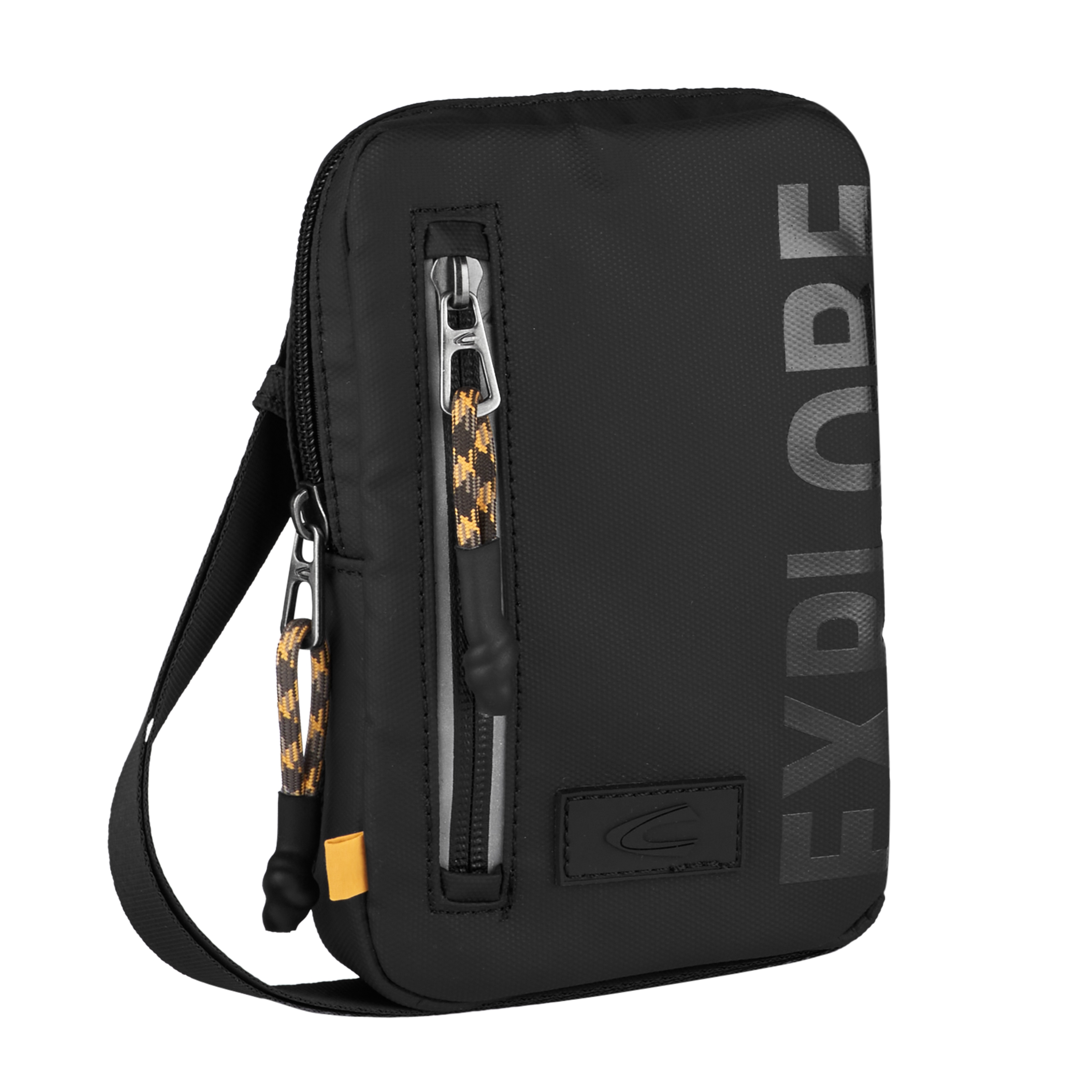 Handytasche CAMEL ACTIVE "Explore", Herren, Gr. B/H/T: 12,5cm x 19,5cm x 4,5cm, schwarz, Nylon, bedruckt, beschichtet, clean, unifarben mit Farbeinsätzen, Taschen, wasserabweisendes recyceltes Nylon und reflektierende Reißverschlüsse