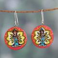 'Hand-Painted Meditation-Themed Round Ceramic Dangle Earrings'