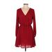 Lush Casual Dress - Mini Plunge Long sleeves: Burgundy Print Dresses - Women's Size Medium