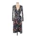 BCBGMAXAZRIA Casual Dress - Wrap Plunge 3/4 sleeves: Black Floral Dresses - Women's Size Small