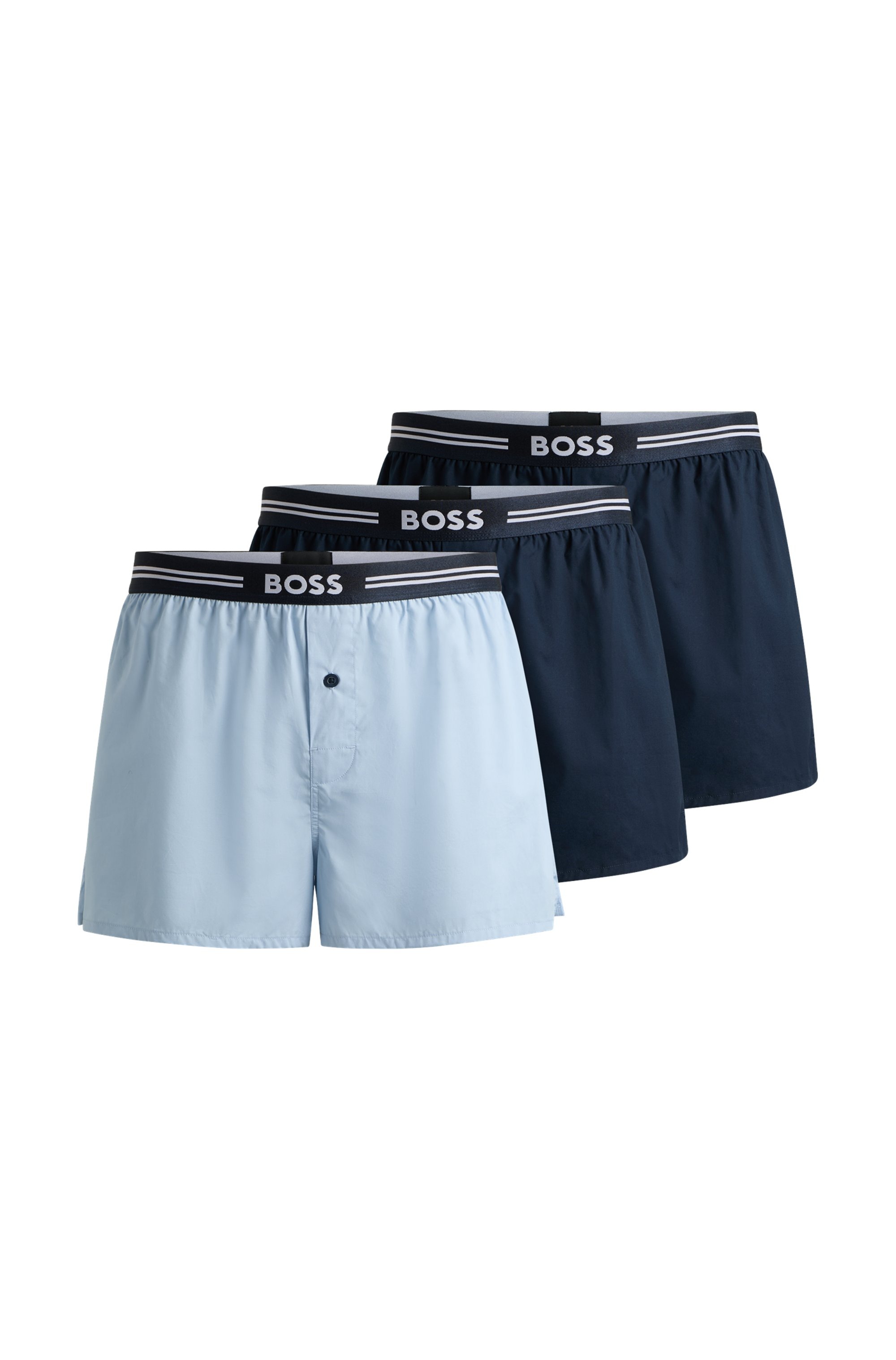 Boxershorts BOSS "3P Woven Boxer", Herren, Gr. M50, blau (schwarz, blau), Webqualität, Obermaterial: 100% Baumwolle, unifarben, körpernah, Unterhosen, mit Eingriff mit Knopf Image
