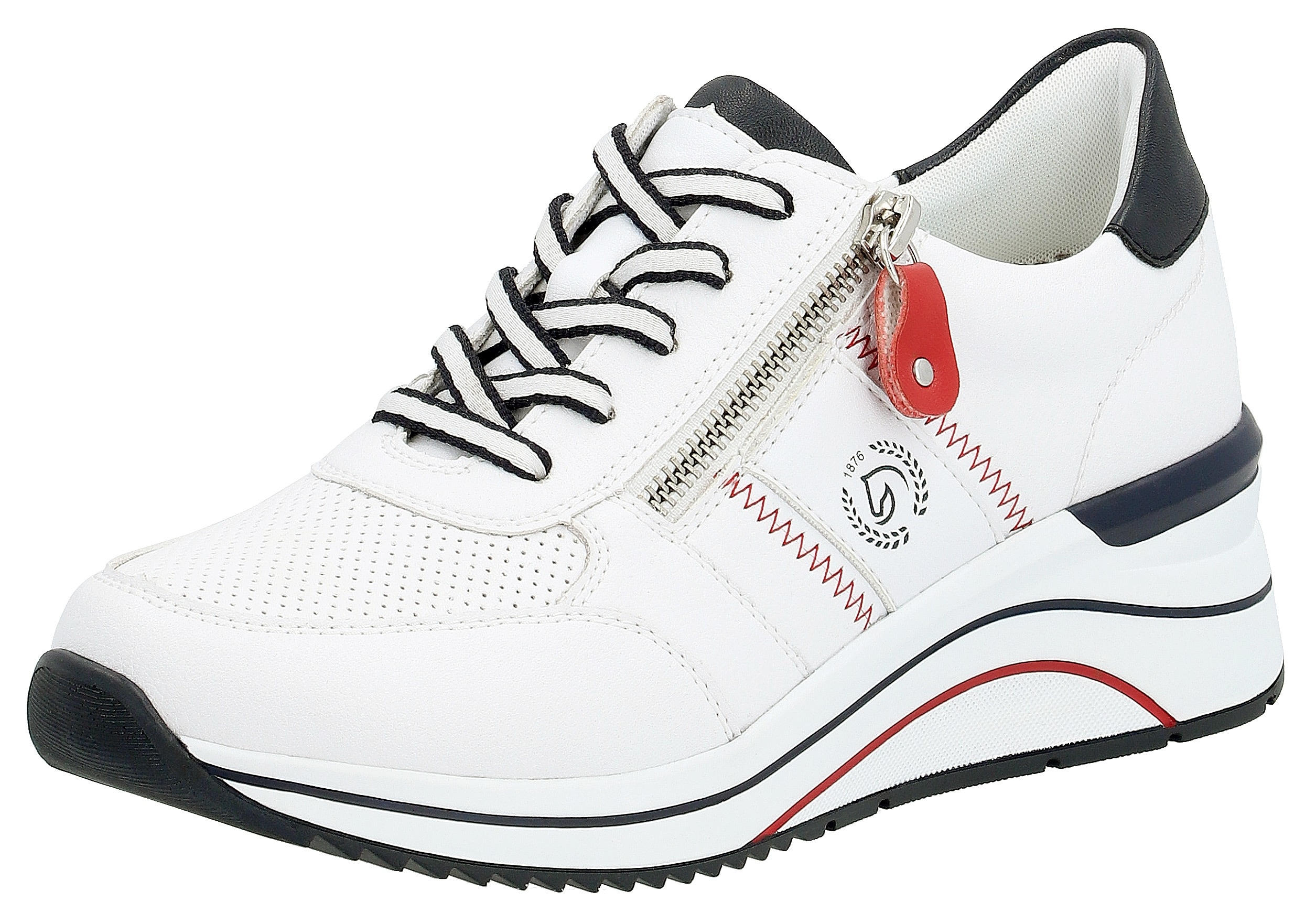 Keilsneaker REMONTE, Damen, Gr. 39, bunt (weiß, dunkelblau), Leder, Lederimitat, Schuhe Sneaker, Freizeitschuh, Halbschuh, Schnürschuh mit Metallic-Kontrastbesätzen