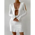 Mini robe sexy à col en V pour femme manches longues dos ouvert jupe courte enveloppante à