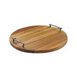 Round Wooden Serving Platter with Metal Branch Handles - Brown
