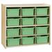 Wood Designs Birch 12 Cubby Storage Cabinet with Lime Green Tubs, Kids Montessori Organizers for Classroom, Kindergarten - 30"