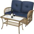 MEETWARM Outdoor Wicker Patio Glider Set Loveseat for 2 Person Porch Furniture Glider with Glass-Top Coffee Table Patio Glider Rocking Bench with Thickened Cushions Navy Blue