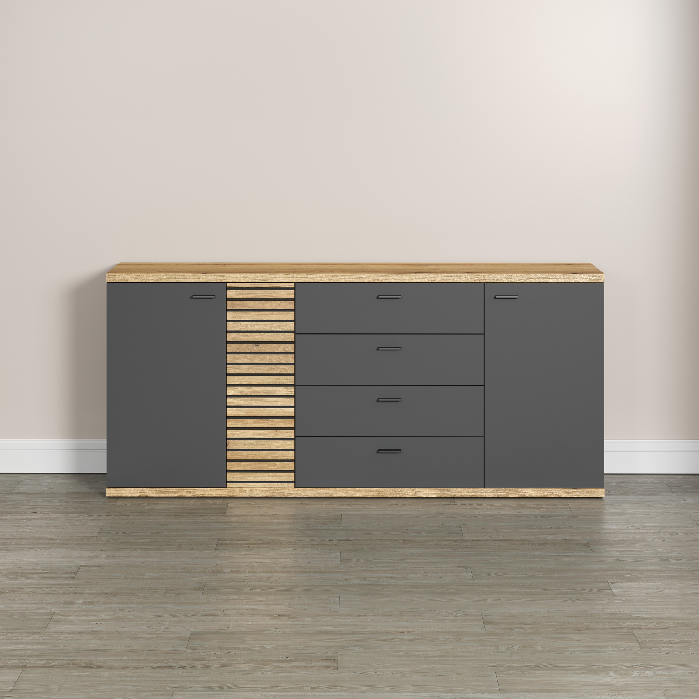 Sideboard INOSIGN "Galway", schwarz, B:186 H:85 T:42, FSC-zertifizierter Holzwerkstoff, Sideboards, Kommode mit angesagter Rillenoptik und Soft-Close - 186/42/85 cm Image