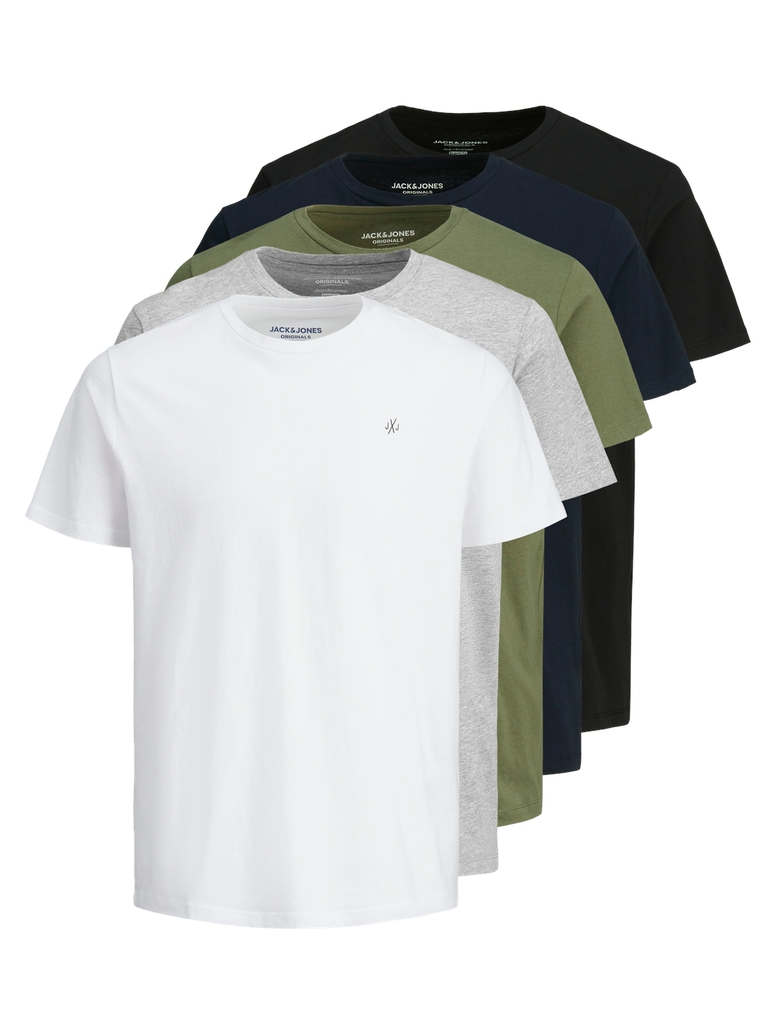 Rundhalsshirt JACK & JONES "JORJXJ im 5er Pack mit Rundhals und angenehmem Tragegefühl", Herren, Gr. S, bunt (navy, schwarz, olivgrün, hellgrau), Single Jersey, Obermaterial: 100% Baumwolle, unifarben, normal normal, Rundhals, Shirts Rundhalsshirt,...