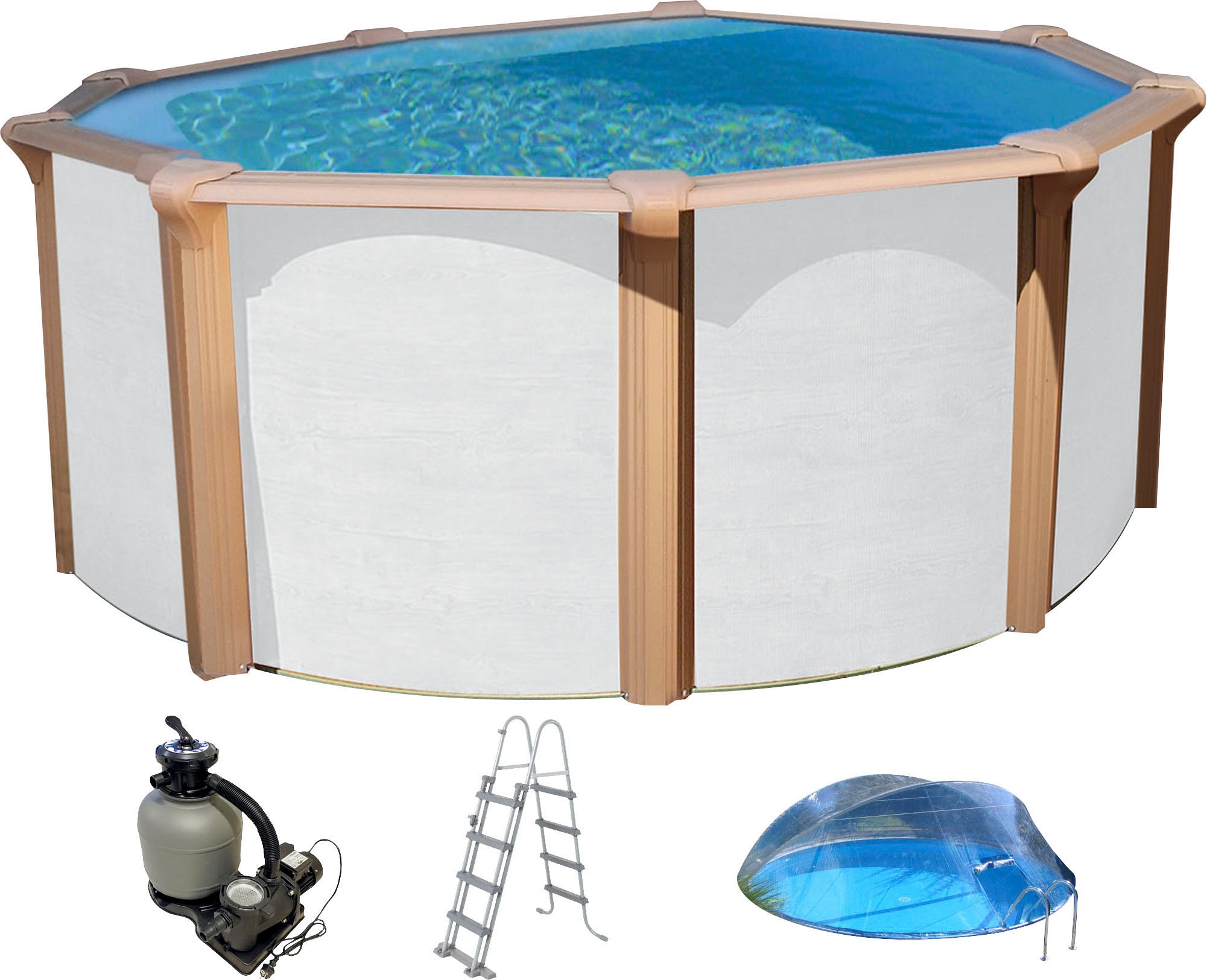 Rundpool KWAD "Timber CABRIO DOME inkl. Abdeckung zur Reduzierung des Pflegeaufwandes", weiß, H:132cm Ø:460cm, Schwimmbecken, 5-tlg., Höhe: 132cm, blaue Innenfolie Image
