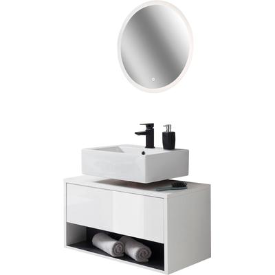Badmöbel-Set PLACES OF STYLE "Studio Line, Bad im modernen Design, 2-teiliges Badezimmer", weiß (weiß, weiß, applikation anthrazit), B:80cm, Kastenmöbel-Sets, Unterschrank und Spiegel, in zwei Farben verfügbar, viel Stauraum Image