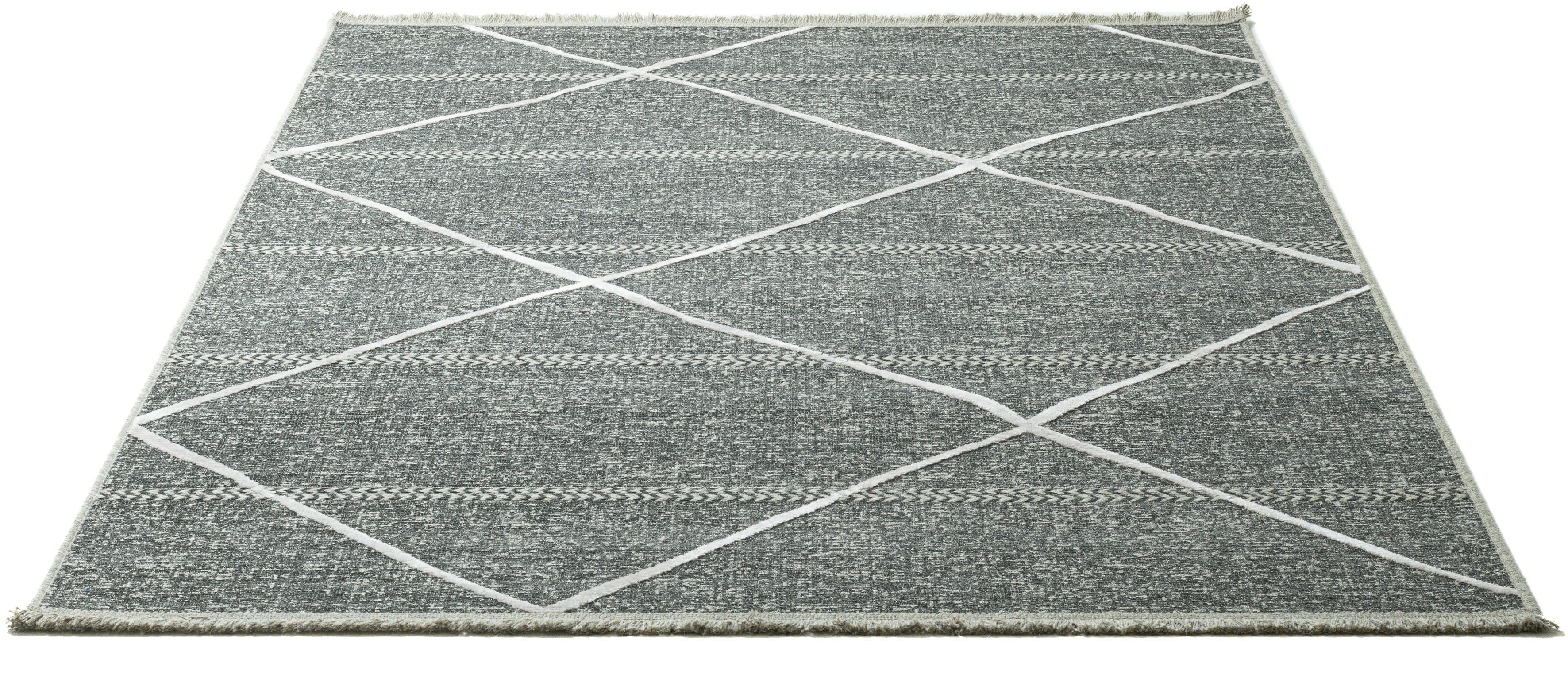 Teppich SANSIBAR "Braderup", grau (anthrazit), B:80cm H:2mm L:150cm, Schurwolle, Teppiche, Fransenteppich, Flachgewebe, modernes Scandi Design, Motiv Rauten, mit Fransen Image
