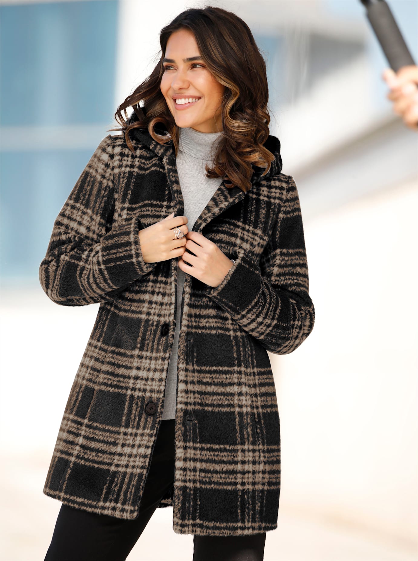 Outdoorjacke CLASSIC BASICS, Damen, Gr. 54, gelb (schwarz, camel, kariert), 70% Polyester, 20% Polyacryl, 4% Baumwolle, 3% Viskose, 3% Polyamid, gemustert, mehrfarbig, Jacken Outdoorjacke