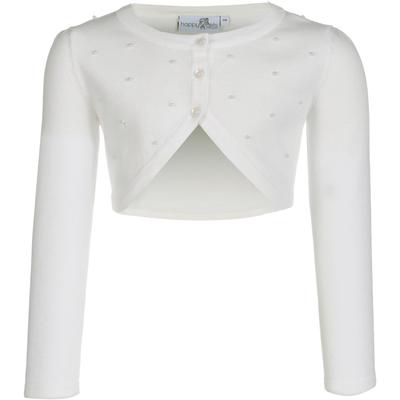 Bolero HAPPY GIRLS, Mädchen, Gr. 134, beige (ecru), Strick, Feinstrick, Obermaterial: 100% Polyester, unifarben, casual, bauchfrei, Rundhals, Langarm, Strickjacken, vorne mit schönen Zierperlen bestickt Image