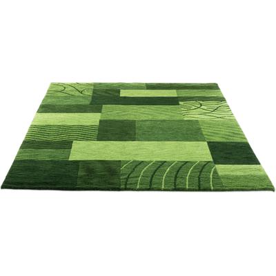 Wollteppich THEKO "Domas 4028", grün, B:90cm H:12mm L:160cm, Schurwolle, Teppiche, Kurzflor, reine Wolle, handgeknüpft, modernes Patchwork Design Image