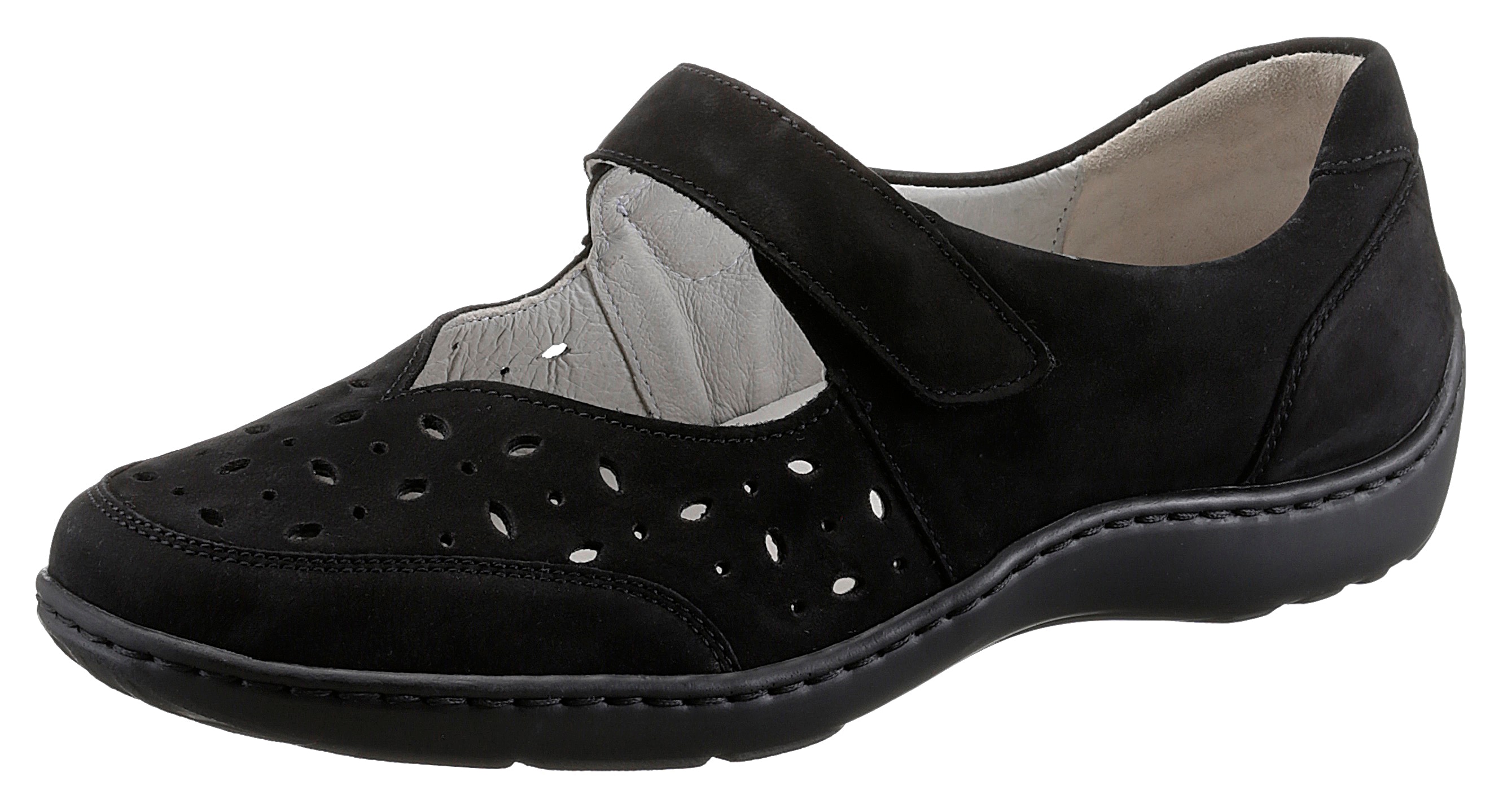 Ballerina WALDLÄUFER "HENNI", Damen, Gr. 7 (40,5), schwarz, Nubukleder, Schuhe Ballerina, Klettschuh, Komfortschuh mit Perforation, H-Weite