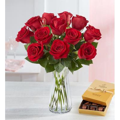 1-800-Flowers Flower Delivery One Dozen Red Roses W/ Clear Vase & Godiva Chocolate