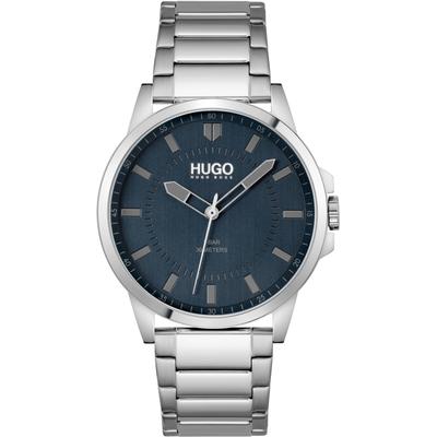 Quarzuhr HUGO "FIRST", silber (silberfarben, dunkelblau), Armbanduhren, Herren, Armbanduhr, Herrenuhr, Mineralglas, Edelstahlarmband Image