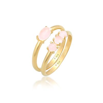 Solitärring ELLI "Quarz Rosa Stapelringe 2er Set 925 Silber" Gr. 54, gold, Fingerringe, Damen, 54mm,mit Steinen, Silber 925 (Sterlingsilber) Image