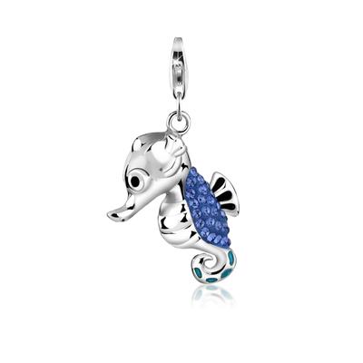 Charm-Einhänger NENALINA "Seepferdchen Kristalle Meer 925 Silber", silber (silber, blau), Charms, Damen, mit Steinen, Si