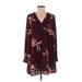 Forever 21 Contemporary Casual Dress - Mini V-Neck Long sleeves: Burgundy Floral Dresses - Women's Size X-Small