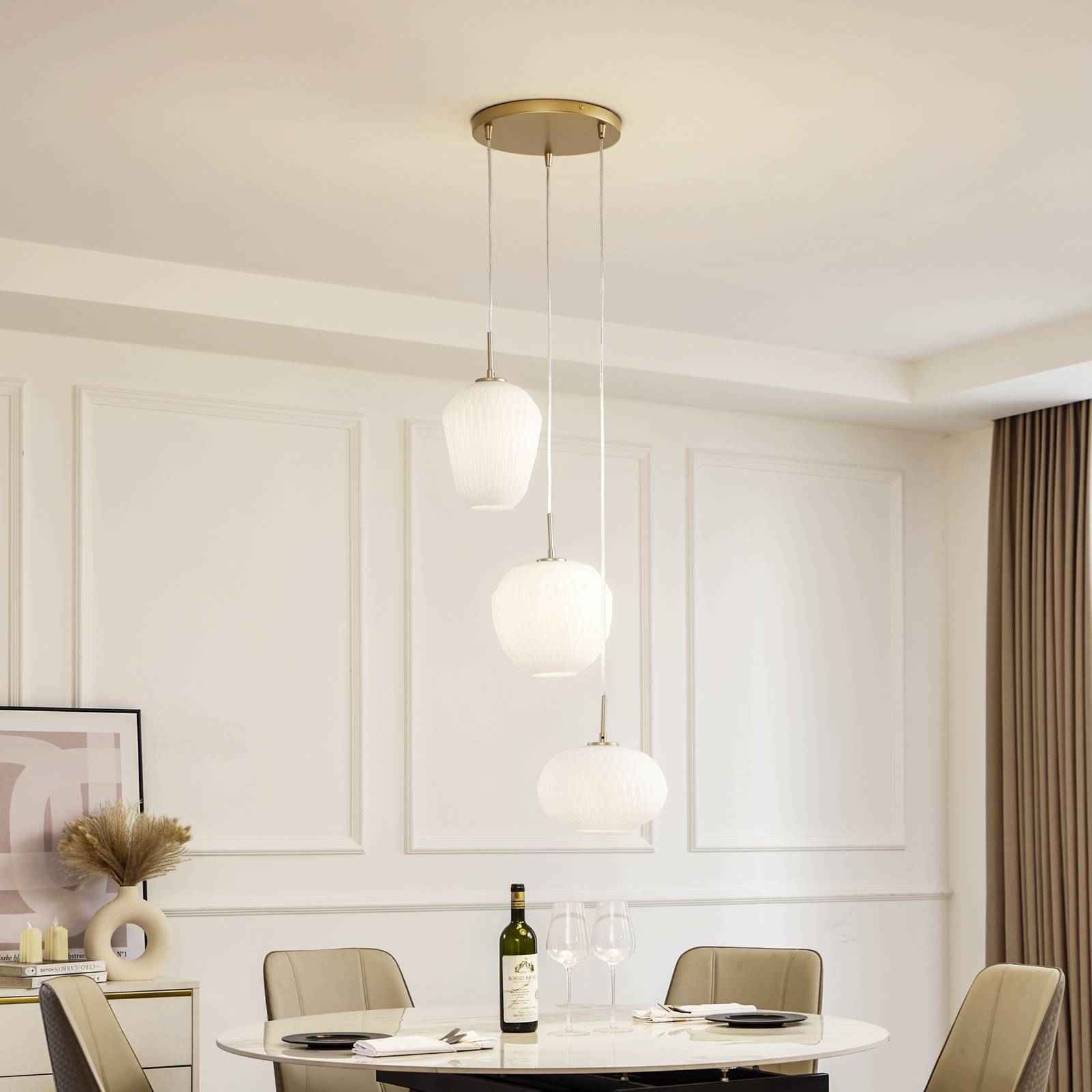 Glas Hängelampe Quinara Lucande, dimmbar, weiß / opal, für Wohn- / Esszimmer, Glas, Pendelleuchte