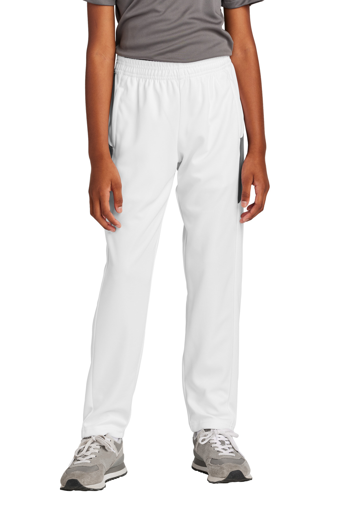 Sport-Tek YPST800 Youth Travel Pant in White/Iron Grey size Medium | Polyester - ShirtSpace