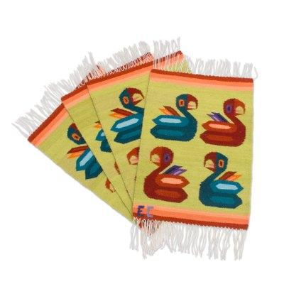 Amazonian Parrots,'Parrot-Themed Wool Placemats from Peru (Set of 4)'