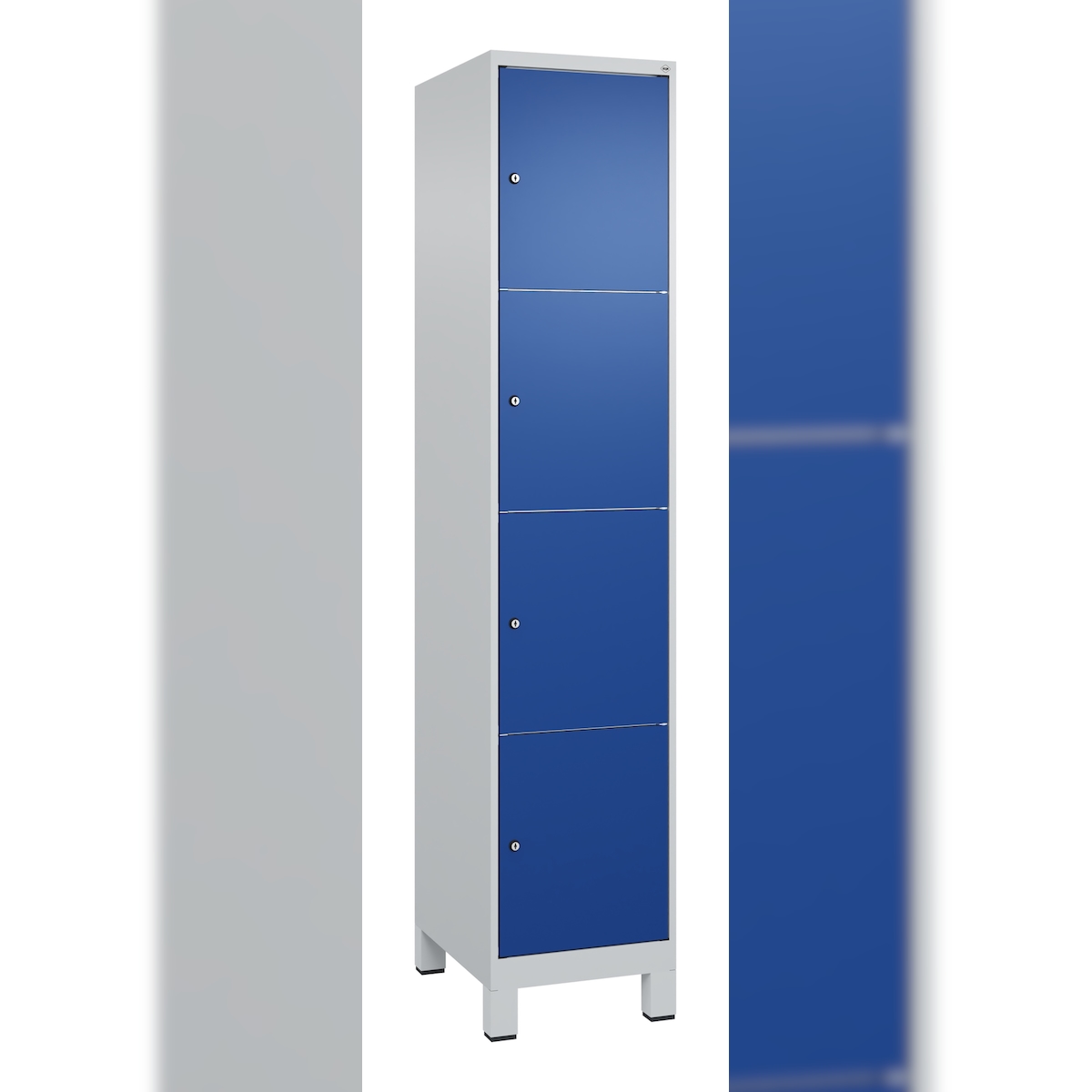 C+P Schließfachschränke Classic PLUS, Füßen, 4 Abteile, HxBxT 195x40x50cm, Zylinderschloss, Hellgrau/Enzianblau von PROREGAL Image