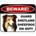 LED Light Up Red Flashing Blinking Attention Grabbing Laminated Dog Sign Beware Guard Shetland Sheepdog on Duty Yard Fence Gate