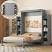 Queen Size Murphy Bed Wall Bed with Storage Shelves & LED Lights, Wood Folding Cabinet Bed for Bedroom/Guestroom, Gray