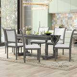 7-Piece Wood Rectangular Dining Table Set with 4 Trestle Base and 6 Upholstered Chairs, Ergonomic Seat Back