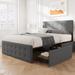 Grey Queen Size Platform Upholstered Bed Frame with 4 Storage Drawers, Headboard and Wooden Slats Support