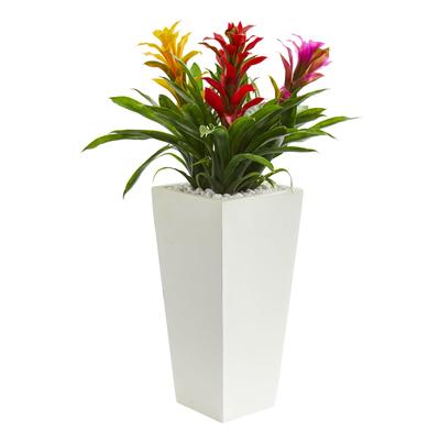 Triple Bromeliad Artificial Plant in White Tower Planter