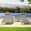 Pool Lounge Chairs Set of 3 Adjustable Aluminum Outdoor Chaise Lounge Chairs with Metal Side Table All Weather for Deck Lawn Poolside Backyard (Khaiki 2 Lounge Chair+1 Table)