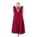 Fringe Casual Dress - A-Line Tie Neck Sleeveless: Burgundy Print Dresses - Women's Size Small