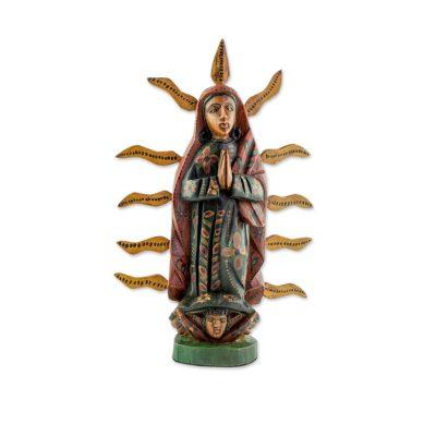 Glowing Guadalupe,'Handcrafted Pinewood Mary Statuette from Guatemala'