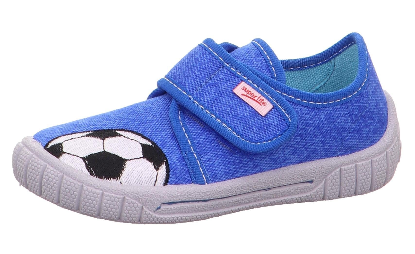 Hausschuh SUPERFIT "Bill WMS: Mittel", Kinder, Gr. 33, blau (blaut), Textil, bestickt, Schuhe, Kindergarten Schuh im Jeans-Look, Größenschablone zum Download Image